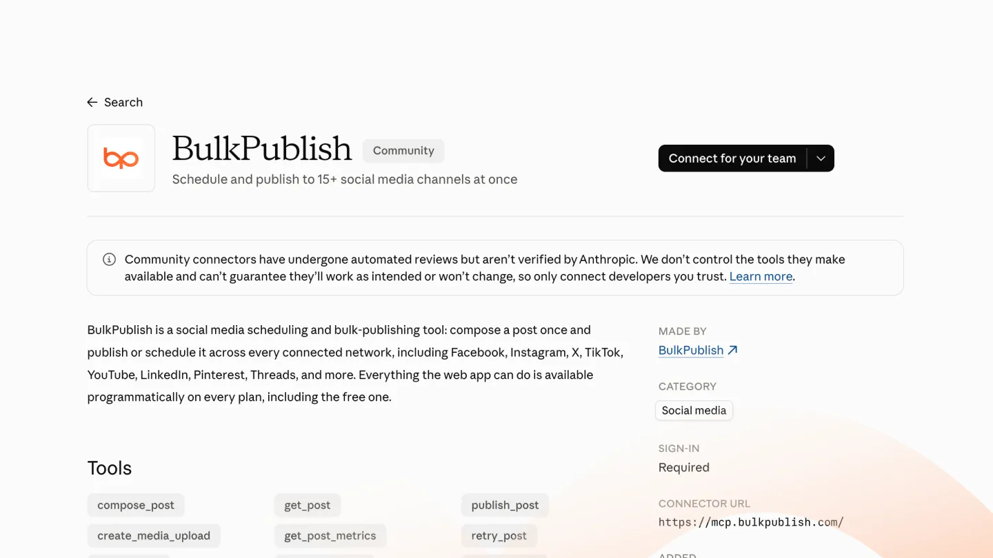 BulkPublish social media publisher and scheduler for AI agents